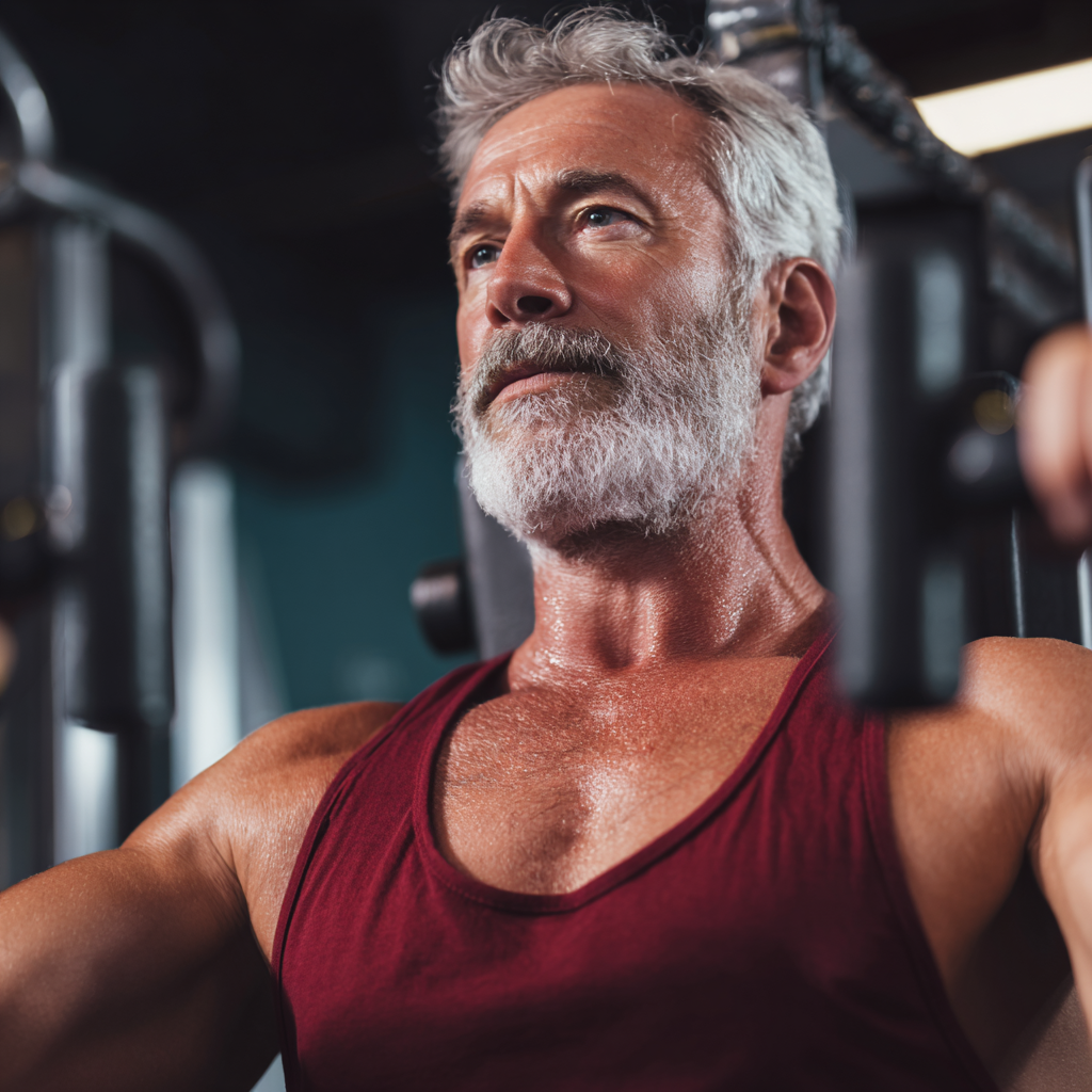 Confident elderly European man in fitness attire smiling during workout session