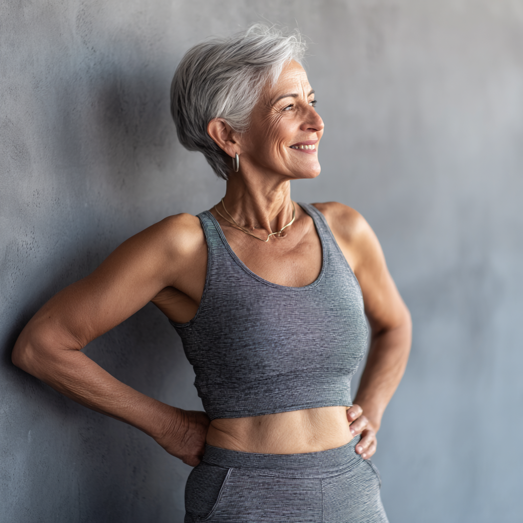 Smiling elderly European woman preparing healthy nutritious meal in modern kitchen