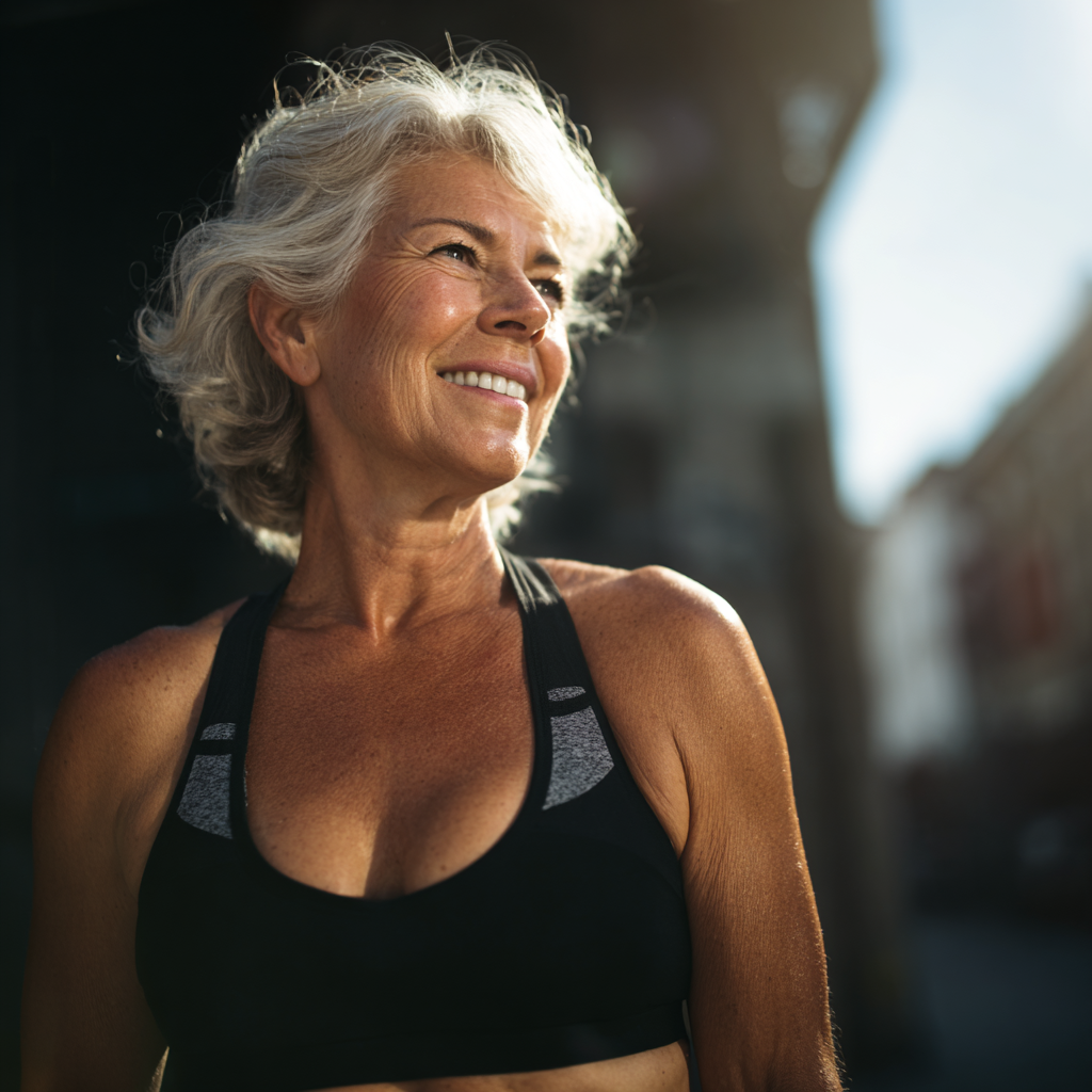 Professional elderly European athlete in training gear smiling confidently after workout